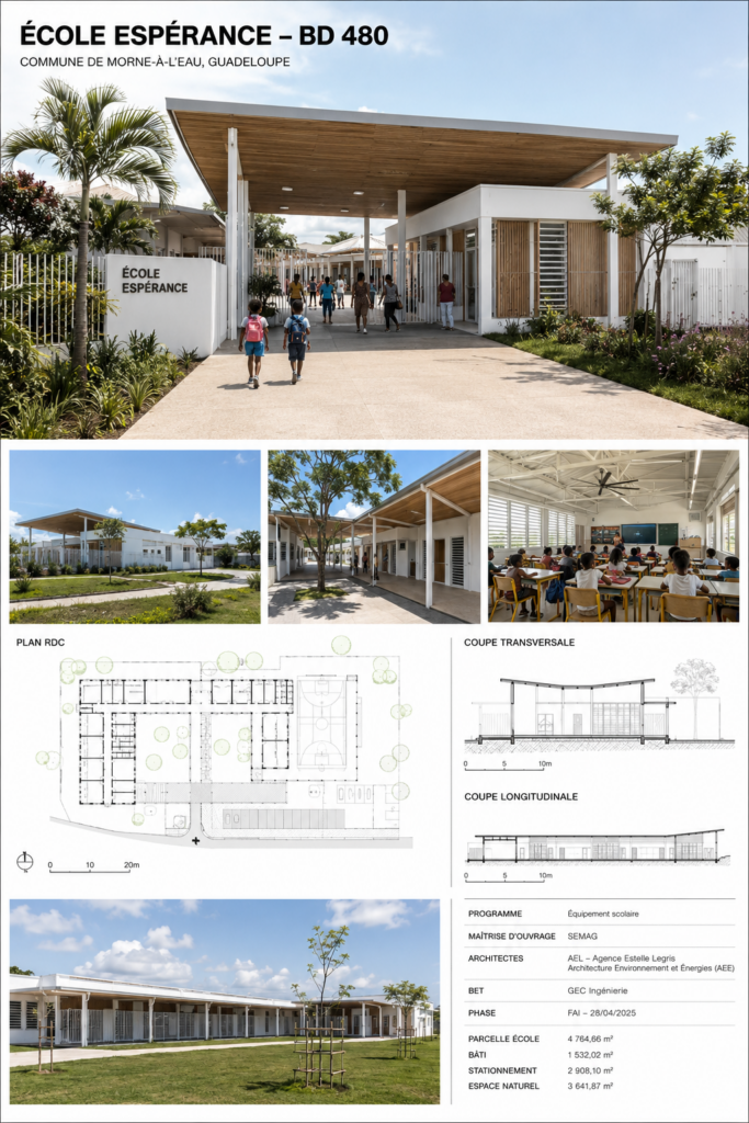 Planche de présentation de l’École Espérance BD 480 avec vues, plan du rez-de-chaussée et coupes