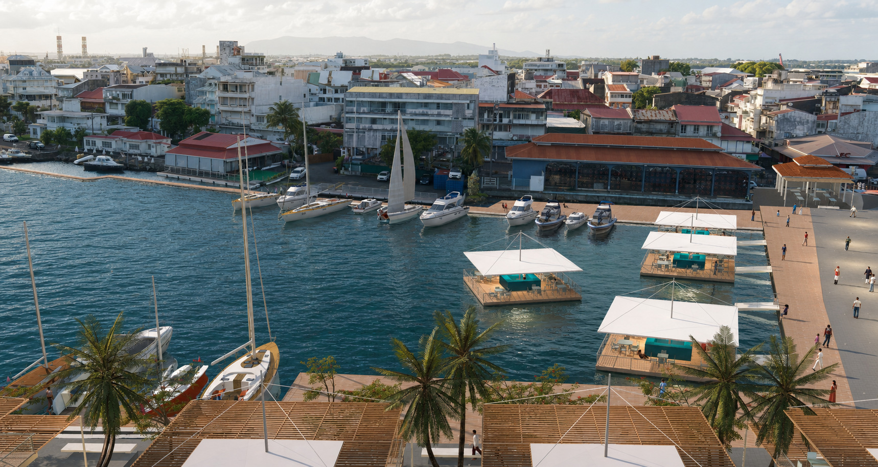 Vue aérienne de la Darse de Pointe-à-Pitre, de ses pergolas et de ses plateformes flottantes