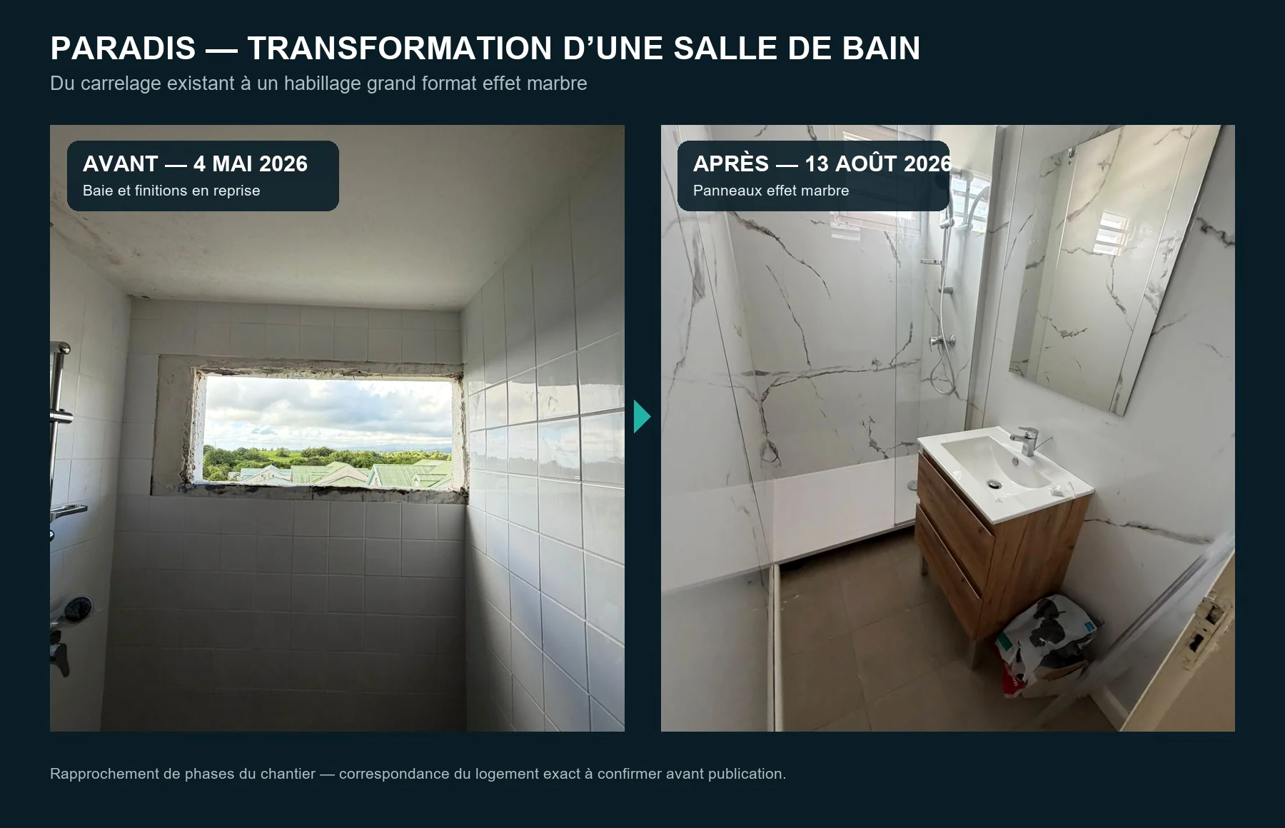 Comparaison entre une salle de bain en cours de reprise et une salle de bain rénovée à Paradis